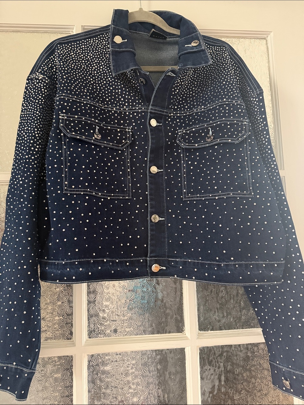 Embellished Dark Blue Denim Jacket - Studded sequins  Trucker Style